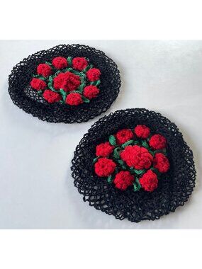 Vintage 1960s cushion pillow cover, price for one, crocheted roses, round, 16"